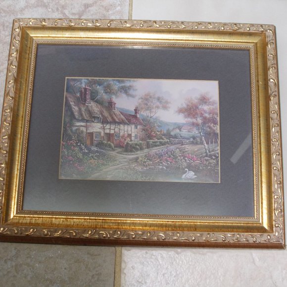Other - Cottage Scene signed, matted, framed under glass in ornate frame print
